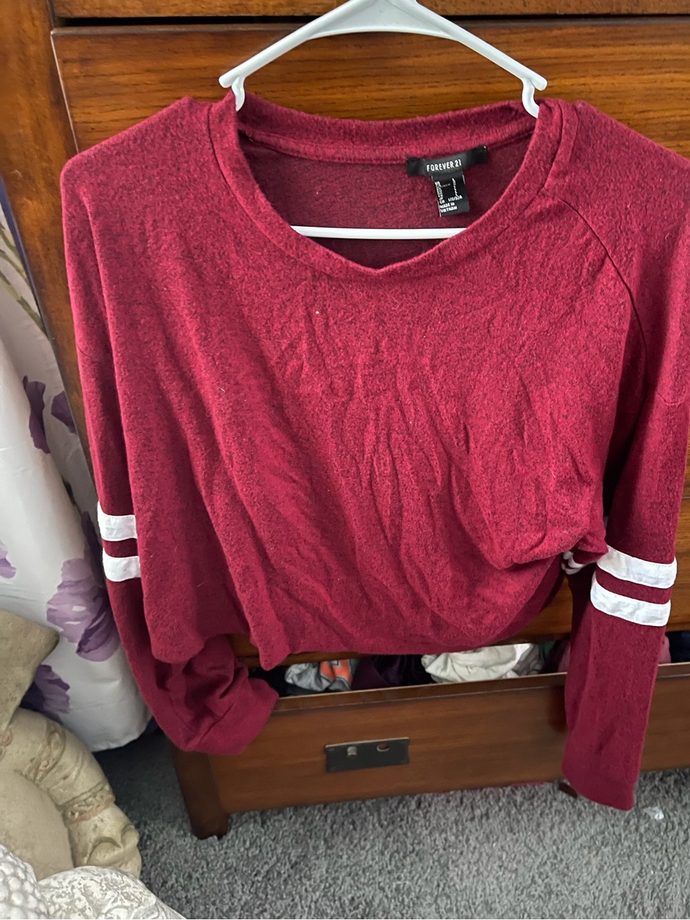 Forever 21 Burgundy Long Sleeve Sweatshirt with White Sleeve Stripes